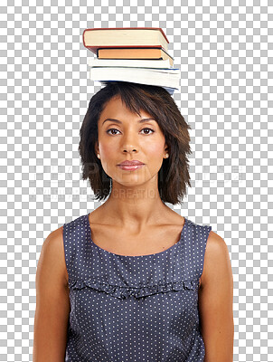 Portrait, education or black woman with books or balance with marketing mockup space. Headshot, student or African school girl in university or college for study learning or future goals isolated on a png background