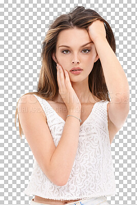 Brunette woman, fashion or portrait on isolated on a png background in trendy, stylish or cool clothes mock up. Beauty model, face or casual clothing on marketing mockup for gen z designer or hair brand