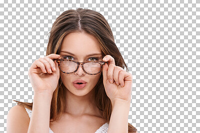 Portrait, woman and glasses for clear vision, pouting and flirty female isolated on a png background, Lips, girl and eyewear with confidence, happiness and beauty with mouth gesture and smile