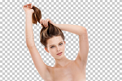 Hair care, beauty and portrait of woman in studio doing natural, long and straight hair style. Wellness, self care and female model with keratin, brazilian or botox hair treatment by isolated on a png background