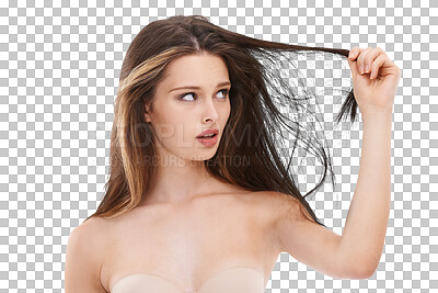 Beauty, hair care and woman with hair damage, loss and worry, isolated on a png background. Salon, haircare and hair loss stress and concern on face, confused shocked girl with damaged hair in studio