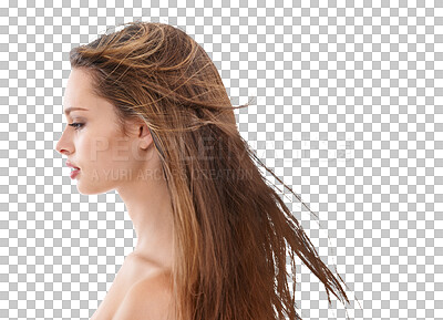 Hair care, woman and beauty profile with cosmetics, hairdresser and shampoo product results. Female model on white background for keratin treatment and salon advertising for shine and growth isolated on a png background