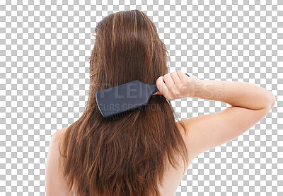 Hair, brush and back of woman onisolated on a png background for wellness, keratin treatment and healthy hair. Beauty salon, hair products and girl brushing for shine, growth and hair care isolated in studio