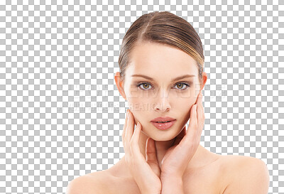 Skincare, facial and portrait of woman in studio on isolated on a png background for wellness, dermatology and salon. Spa marketing, aesthetic and hands on girl face with cosmetics, makeup and beauty products