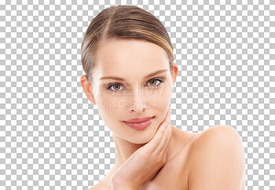 Skincare, beauty and portrait of woman in studio on isolated on a png backgroundfor wellness, dermatology and luxury facial. Spa, aesthetic and girl with hands on face with cosmetics, makeup and beauty products