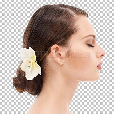 Woman face, profile or beauty skincare and orchid flower, makeup cosmetics or dermatology healthcare wellness. Zoom, model or facial glow with plant, healthy collagen or hairstyle isolated on a png background