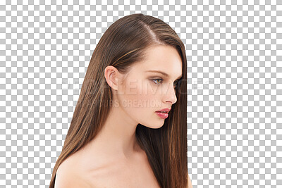 A Woman, beauty and hair care wellness or cosmetics dermatology, skincare glow and makeup. Model, luxury skin and keratin shampoo for hair growth or salon shine lifestyle in isolated on a png background