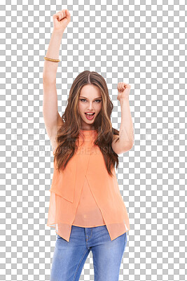 Fashion, arms up and portrait of woman for marketing, advertising and mockup. Retail, beauty and happy girl in celebration for promotion, sale announcement and discount isolated on a png background