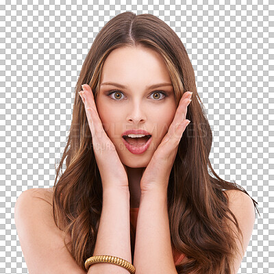 Surprise, wow and face portrait of woman shocked over winning discount makeup, skincare glow or cosmetics sales deal. Facial expression, winner and studio headshot of model girl isolated on a png background