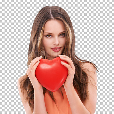 Face portrait, heart balloon and woman. Love, affection and young female model holding symbol for romance, valentines passion or romantic emoji, care or empathy isolated on a png background