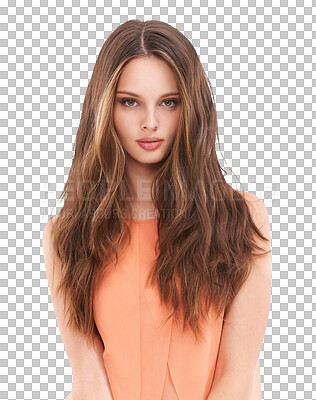 Hair, salon and portrait of woman for wellness, keratin treatment and hair products. Fashion, beauty aesthetic and girl face for cosmetics, hairstyle and luxury shampoo isolated on a png background
