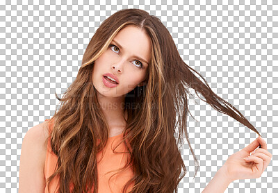 A Beauty model, face or thinking on brunette hairstyle for keratin treatment innovation. Woman, brown hair or salon ideas for dye color goals on marketing mock up isolated on a png background