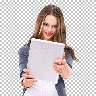 A Woman with tablet, smile in portrait with technology, internet and communication mockup. Tech, web and young female with wireless digital device and marketing, wifi and network isolated on a png background