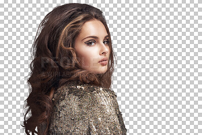 Hair, beauty and face portrait of woman with eyeliner makeup, skincare and cosmetics mockup. Wavy hairstyle, salon hair care and profile of model with sparkling clothes on mock up isolated on a png background