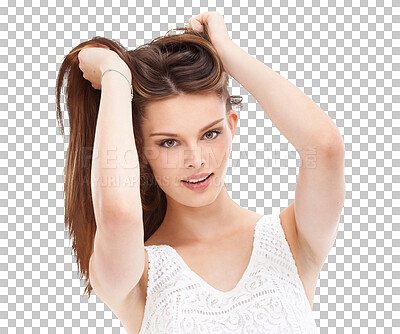 Brunette beauty model, fashion hairstyle or portrait in keratin treatment or self care. Happy woman, face or brown hair color on advertising mock up for gen z dye brand isolated on a png background
