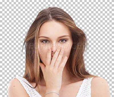 Surprised model, hands or hairstyle portrait in makeup cosmetics or facial product sales. Shocked woman, gossip or wow face on marketing mockup for hair dye or brand deal isolated on a png background