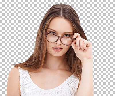 A Woman, portrait and glasses for vision, eye care and beauty. Face of model person with eyeglasses, frame and lens for advertising cosmetic or insurance in isolated on a png background