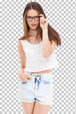 Model, fashion glasses and portrait for healthcare, trendy wellness and cool eyes care. Woman, vision and optician eyewear on marketing mock up for medical insurance help isolated on a png background