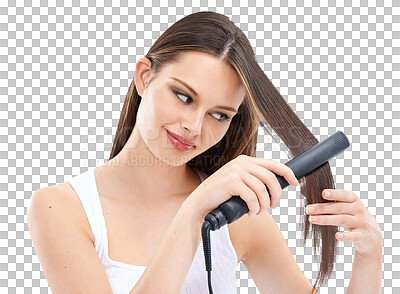 A Woman, hair with hair straightener and beauty with hair care, electric cosmetic tools against studio background. Straight hair, keratin and treatment with hairstyle, shine with wellness and grooming isolated on a png background