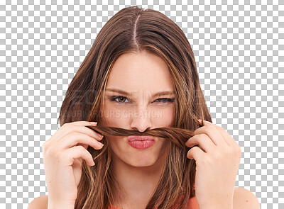 Woman, funny hair moustache portrait with natural youth beauty model, isolated and model with healthy hairstyle and crazy comic, silly and young face with comedy and joke isolated on a png background