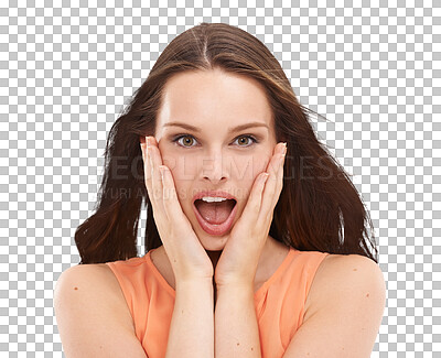 A Surprised woman, hands and hairstyle portrait with keratin treatment deal and dye sales. Shocked model, gossip and wow face on marketing mock up for hair product brand isolated on a png background