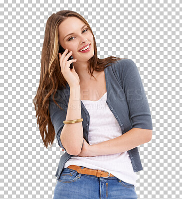 Phone call, communication and portrait of woman talking, speaking or chat gossip to mobile contact. Digital smartphone user, conversation discussion and happy model girl on isolated on a png background
