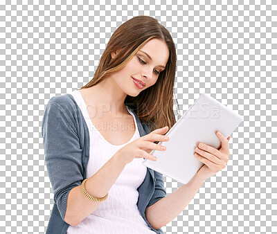 Online shopping search, tablet and typing woman scroll website for discount sales, e commerce deal or fashion choice. Digital technology, ecommerce customer and model girl on isolated on a png background