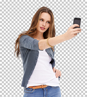 Digital smartphone, selfie and woman with cellphone memory picture for social media app, online website or social network. Mobile tech user, phone photo and model girl pose on isolated on a png background