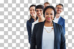 Line, row and confident businesspeople isolated on a transparent png background with happiness. Smile, pride and multicultural group of corporate employees ready with a positive mindset