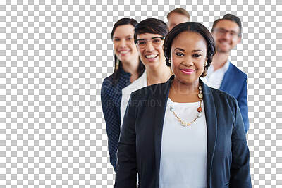 Buy stock photo Portrait, collaboration and business people in a row isolated on a transparent background for corporate leadership. Teamwork, queue and a black woman manager standing ahead of a team in a line on PNG