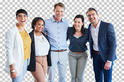 Businesspeople, smile and hug for collaboration and support while isolated on a png background. Transparent, diverse corporate office group are excited for united teamwork while cheerful