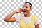 Listen, attention and black woman hearing a sound or gossip, news or rumor isolated on a transparent png background. Happy face of girl or hippie with hand on ear as communication emoji or expression