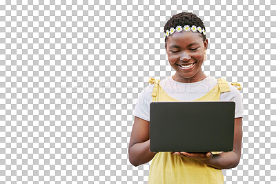 Buy stock photo Black woman, typing and reading on laptop for fashion blog, social network or post by transparent png background. Isolated girl, smile and computer for learning, spring aesthetic or studying on web