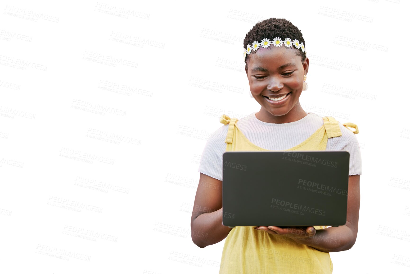 Buy stock photo Black woman, typing and reading on laptop for fashion blog, social network or post by transparent png background. Isolated girl, smile and computer for learning, spring aesthetic or studying on web