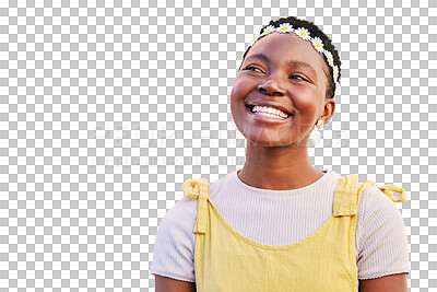 Buy stock photo Black woman, happy and thinking of spring with a smile isolated on a transparent png background. African model, happiness and floral clothes with an idea, laughing and glow for goals and cosmetics