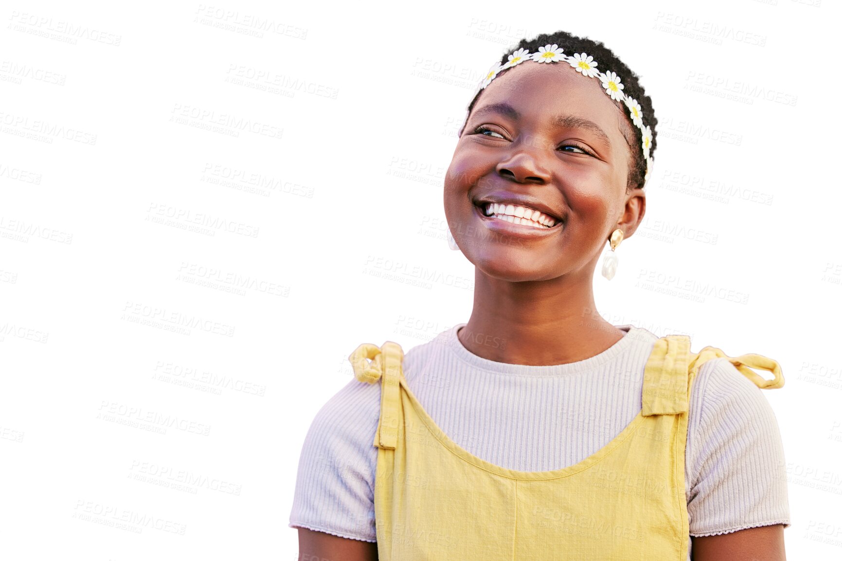 Buy stock photo Black woman, happy and thinking of spring with a smile isolated on a transparent png background. African model, happiness and floral clothes with an idea, laughing and glow for goals and cosmetics