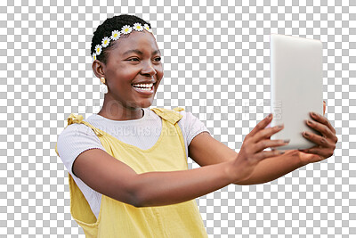 Black woman, selfie or tablet and smile, flower crown or hippie isolated on a transparent png background for social media. Happy influencer taking digital photo with face for fashion or beauty