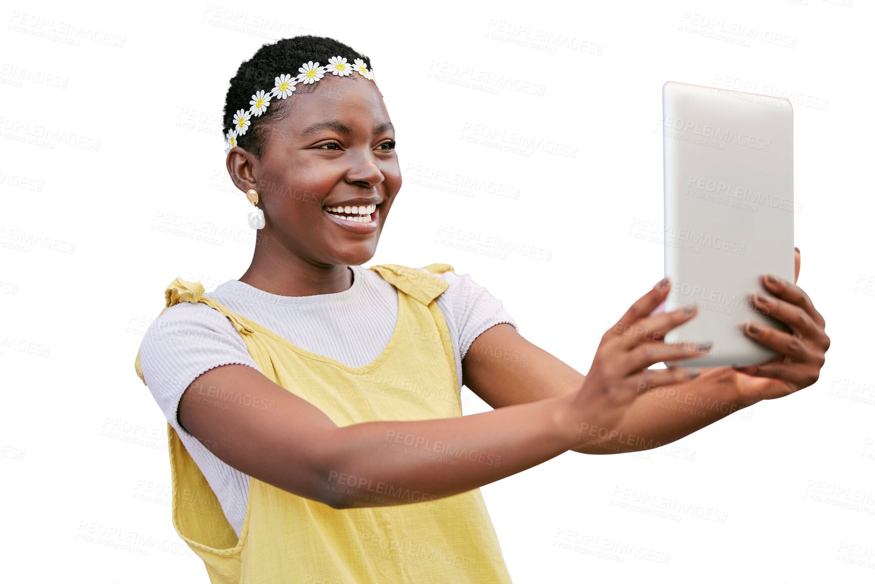 Buy stock photo Black woman, selfie and tablet with smile for fashion blog, social network or post by transparent png background. Isolated girl, influencer or student with photography for profile picture in spring