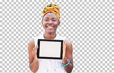 Portrait of black woman, tablet and screen, mockup or web space for digital marketing, advertising or branding app isolated on transparent png background. Happy girl, technology and mock up for logo