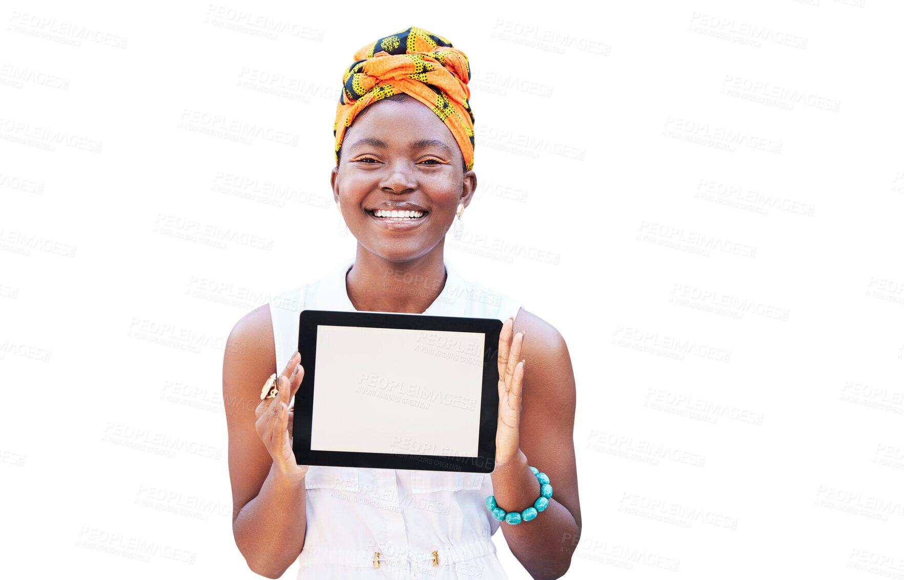 Buy stock photo Portrait black woman, tablet screen and mockup for social media, contact us or branding app. Happy girl, blank and tech for logo, contact and digital website isolated on transparent png background