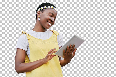 Tablet, social media and black woman reading online blog while isolated on a transparent png background. Tech of happy girl streaming video or browsing and search for an app subscription