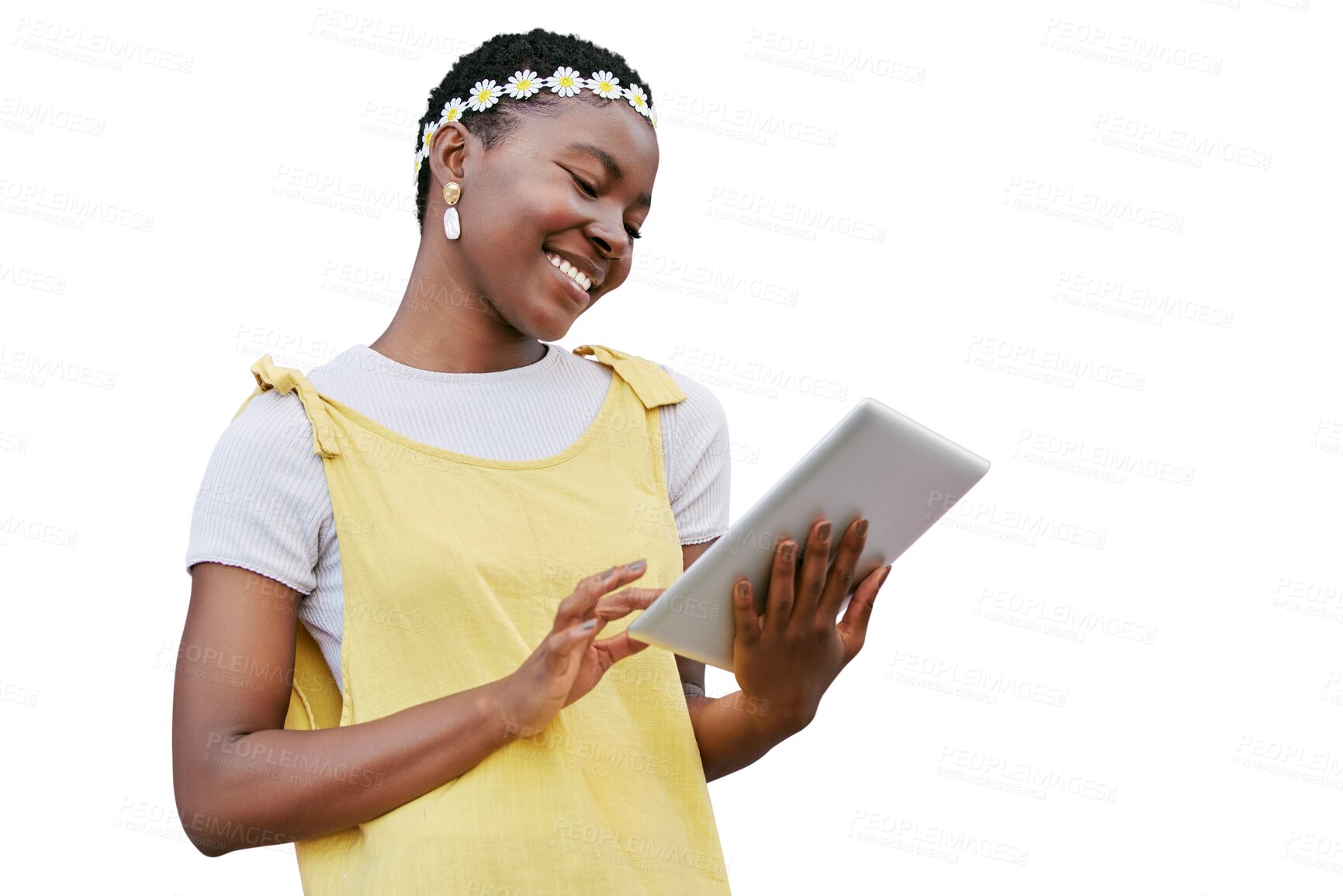 Buy stock photo Black woman, tablet and reading with smile for social media post, app or website by transparent png background. Isolated model, student girl and mobile touchscreen streaming video, meme or studying