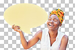 Speech bubble, communication and social media with black woman on mockup for news, vote or review isolated on transparent png background. Design, contact and chat sign with board for voice or opinion