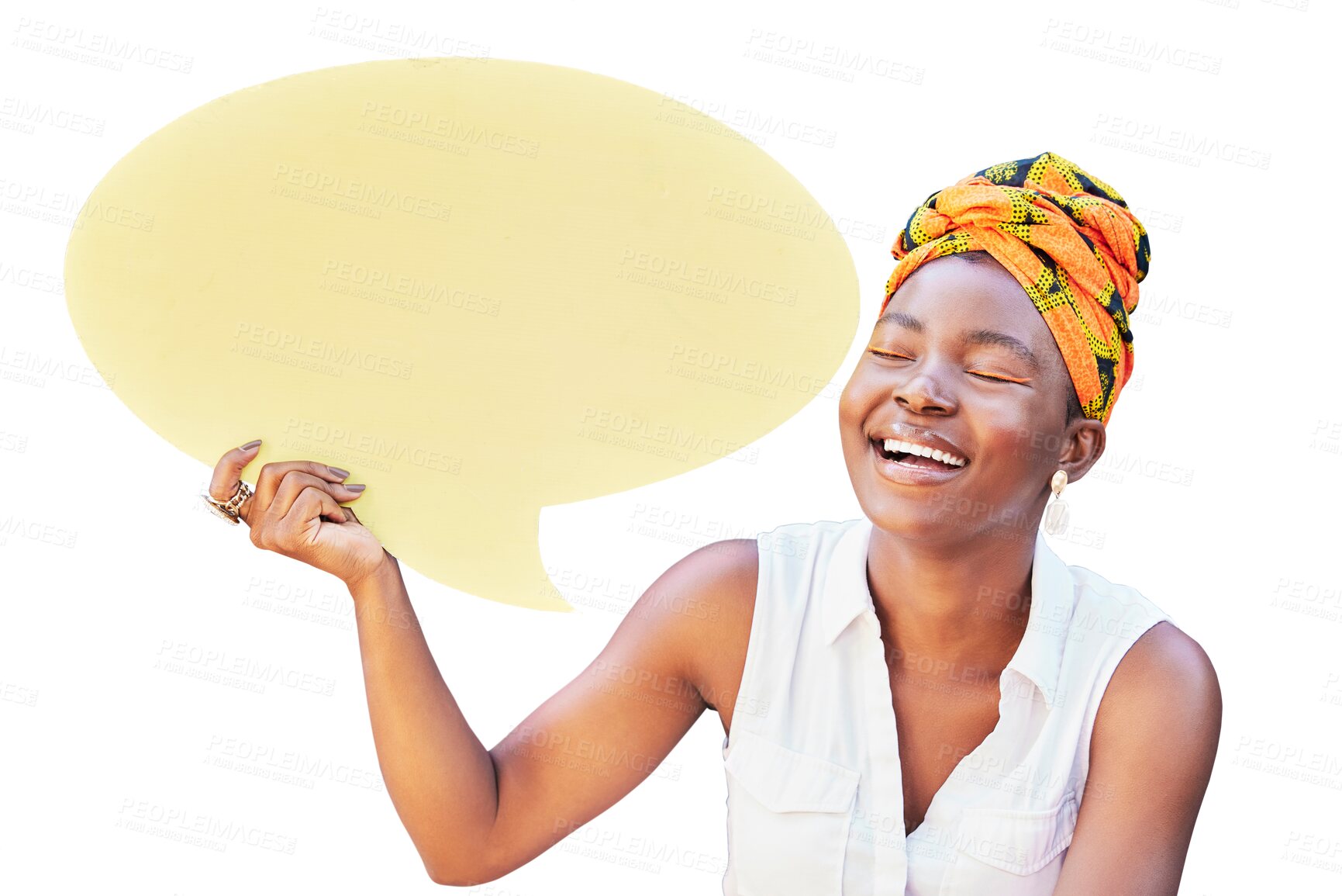 Buy stock photo Social media, speech bubble and laughing with a black woman isolated on a transparent background. Funny, eyes closed and announcement with a happy young african person holding a paper poster on PNG