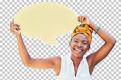 Speech bubble, communication and social media with black woman on mockup for news, vote or review isolated on transparent png background. Design, contact and chat sign with board for voice or opinion