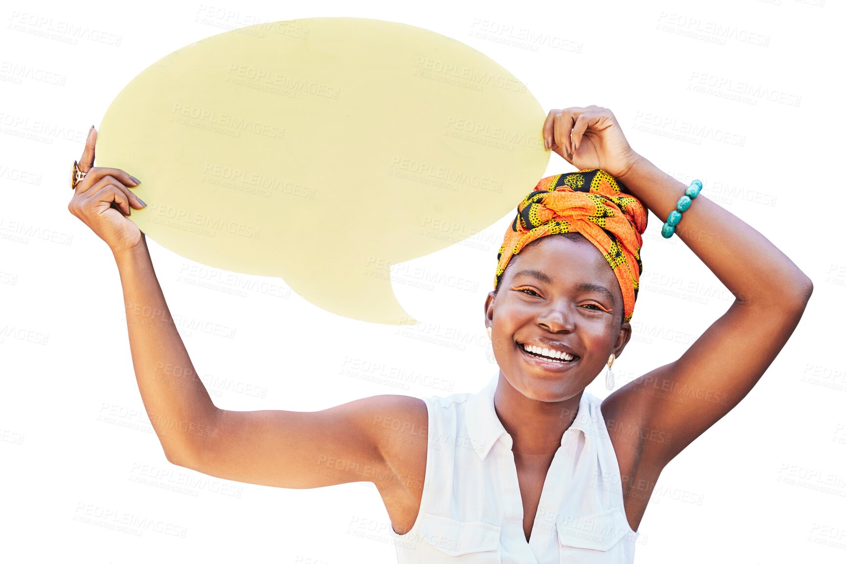 Buy stock photo Portrait, speech bubble and advertising with a black woman isolated on a transparent background. Smile, social media or opinion with a happy young african person holding an announcement poster on PNG