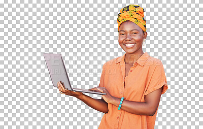 Happy, black woman and laptop for reading fashion blog, spring online shopping or post to social media isolated on a transparent png background. Smile of elegant African girl browsing with computer