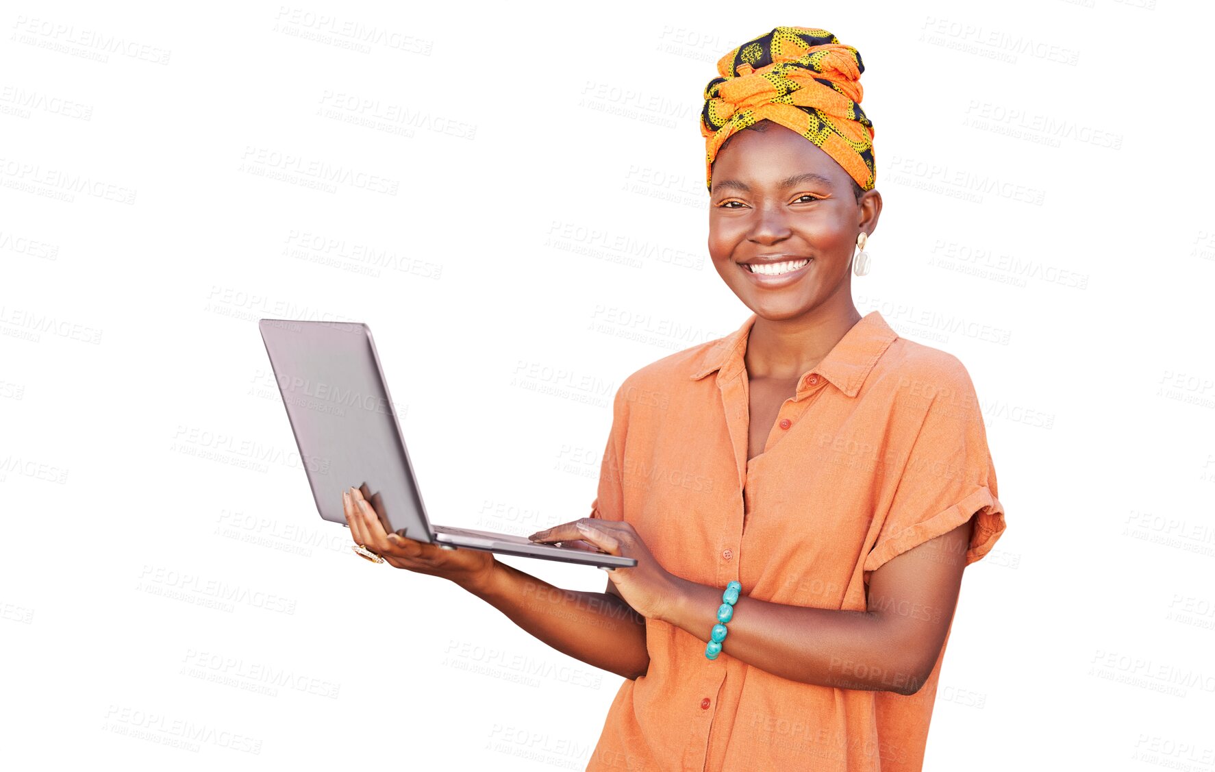 Buy stock photo Happy portrait, laptop and African woman isolated on transparent, png background for fashion promotion or blog. Nigeria person or young model on computer for retail, clothes sales and social media 