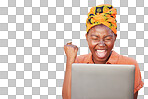 Success, cheers and black woman on laptop after winning on isolated and transparent png background. Girl winner in  celebration on computer after online lottery or reading good news on social media