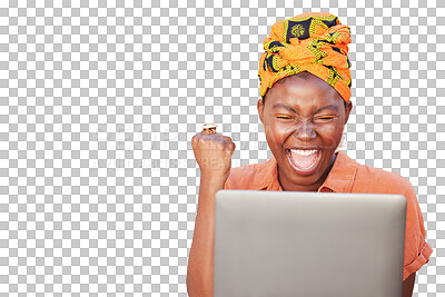 Success, cheers and black woman on laptop after winning on isolated and transparent png background. Girl winner in celebration on computer after online lottery or reading good news on social media